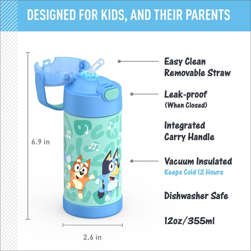 THERMOS FUNTAINER Water Bottle with Straw, 12oz, Bluey | Kids Stainless Steel Insulated Water Bottle, Keeps Drinks Cold Longer for School & Play, BPA-Free