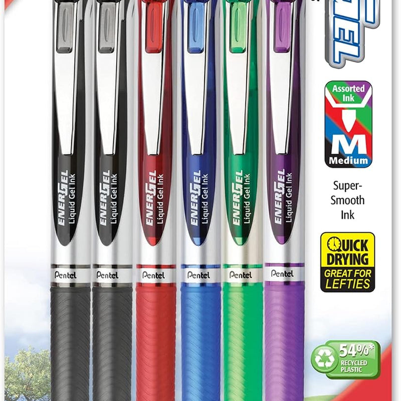 Pentel EnerGel RTX Retractable Liquid Gel Pen, (0.7mm), Medium Line, Metal Tip, Black Ink, Pack of 6 (BL77BP6A)