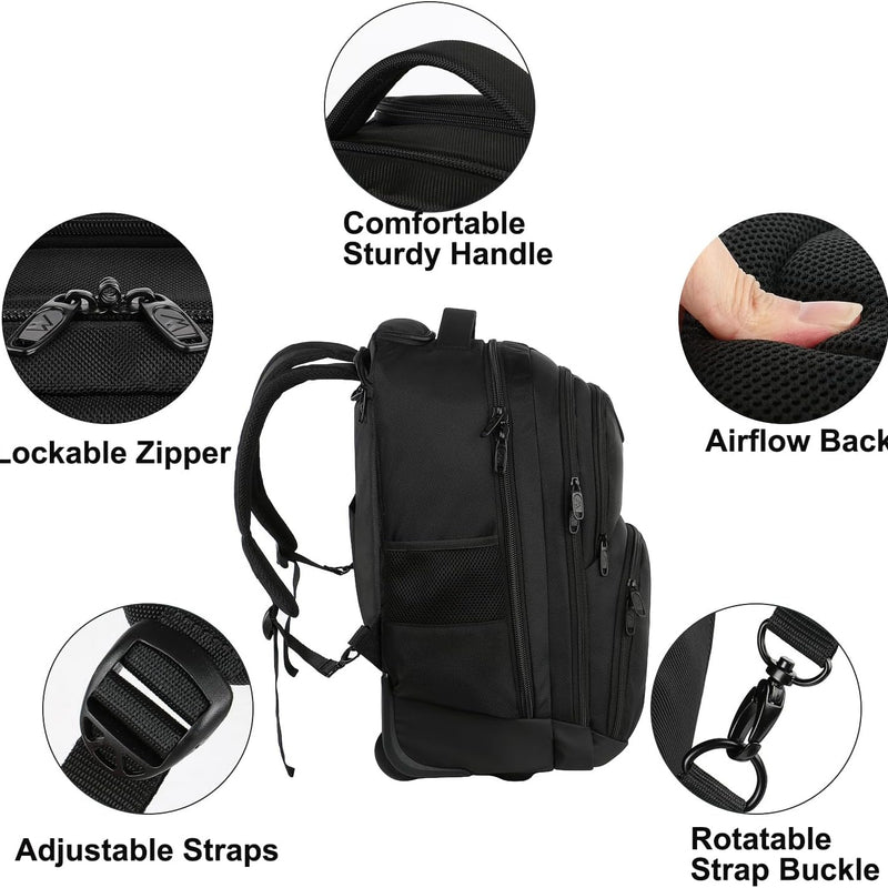 MATEIN Rolling Backpack, 17 inch Water Resistant Wheeled Laptop Backpack, Carry on Luggage Business Bag, Overnight College Computer Bag Trolley Suitcase for Men Women Adults to Travel, Black