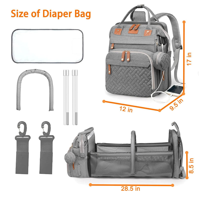 Baby Diaper Bag with Changing Station, Waterproof Diaper Bag Backpack for Moms Dads with USB Charging Port, Baby Shower Gifts, Baby essentials,Grey