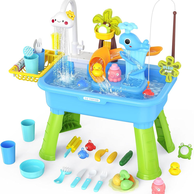 2026 Upgraded Water Table for Toddlers 1-3 - Outdoor Toys for Kids Ages 4-8 with Pump, Summer Outside Sensory Activity Pool Toys, Kitchen Play Sink Toy with Running Water, Fishing Toy, Pink