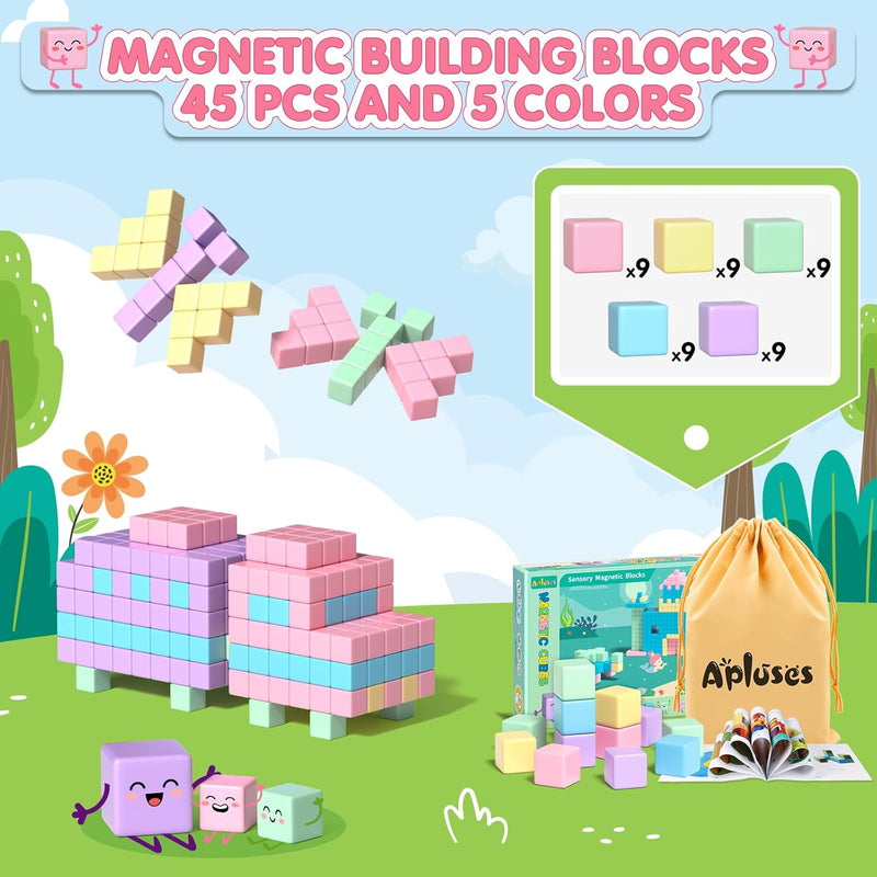 appluses 45pcs magnetic blocks for toddler girl toys, stem sensory autism play for kids 3-5 years