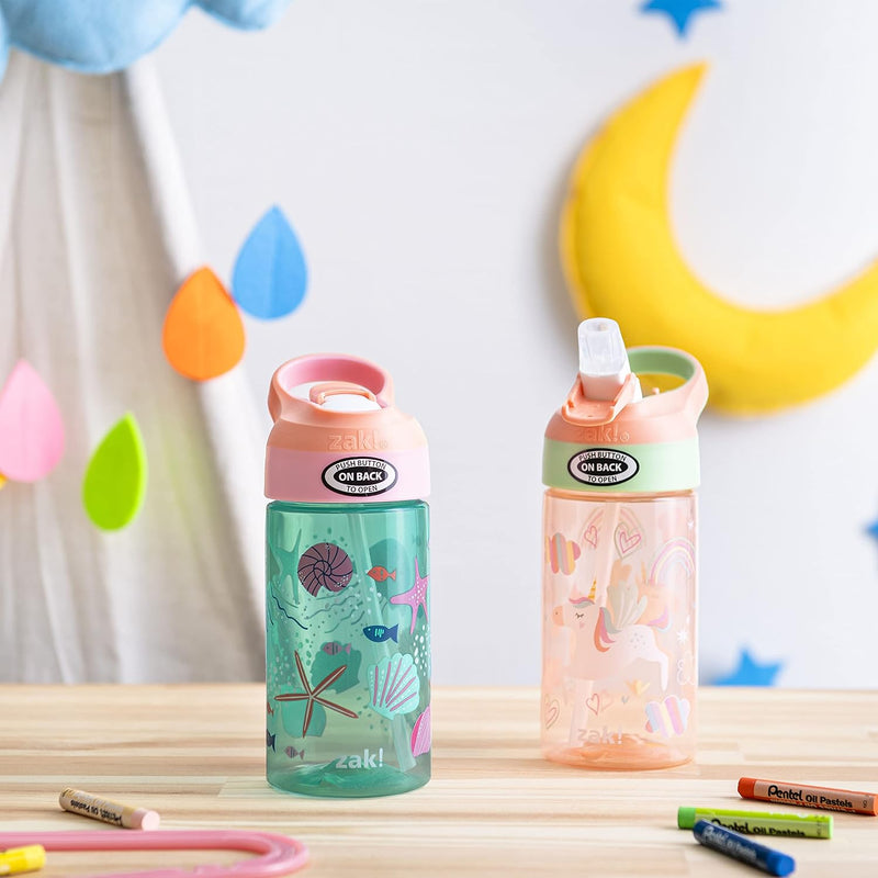 Zak Designs 16oz Riverside Kids Water Bottle with Spout Cover and Built-in Carrying Loop, Made of Durable Plastic, Leak-Proof Water Bottle Design for Travel (Unicorn & Shells, Pack of 2)