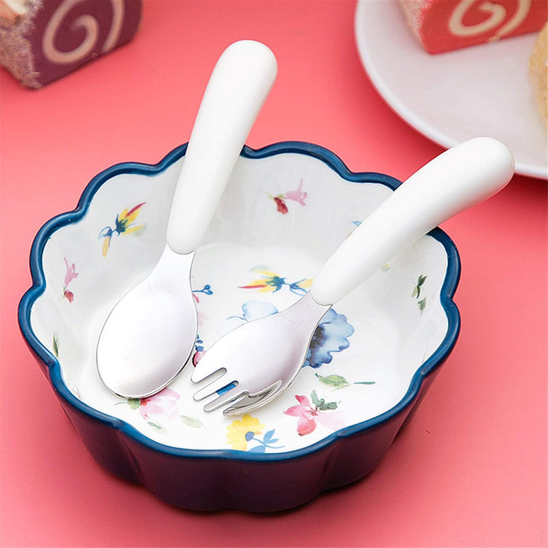 Kirecoo 2 Set Stainless Steel Toddler Utensils with Travel Case | White & Aqua, Forks & Spoons Set, BPA Free, Self Feeding Design, Portable for Travel, Safe for Kids & Toddlers