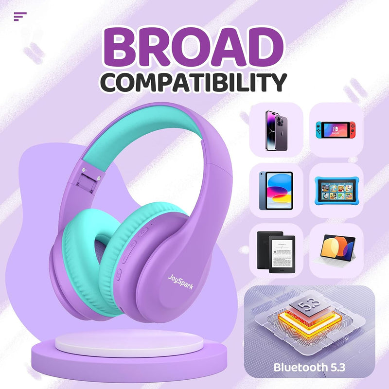 JoySpark Kids Bluetooth Headphones, Lightweight Wireless Headphones for Kids, 85/94dB Volume Limited, 60 Hours Playtime, Bluetooth 5.3, Over-Ear Toddler Headsets with Built-in Mic-Purple