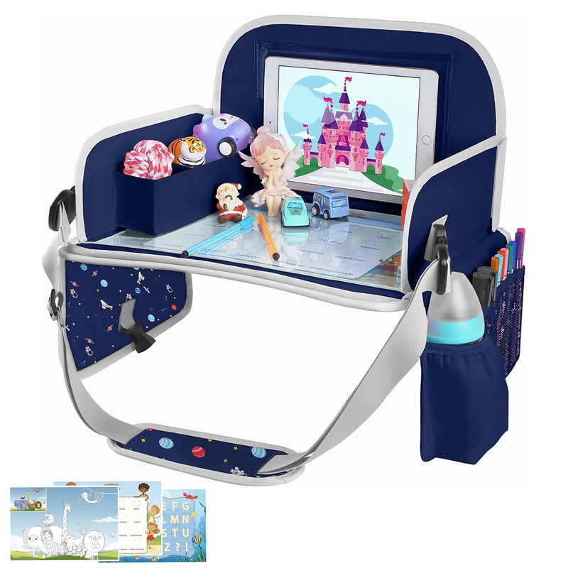 MENZOKE Kids Travel Tray for Toddler Car Seat, Road Trip Activities for Kid | Road Trip Essentials Accessories Lap Tray with iPad Holder Stand & Dry Erase Board as Travel Gifts for Kid, Pink