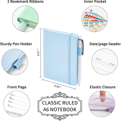 feela 3 Pack Pocket Small Notebook Journals, Mini Cute Hardcover College Ruled Notepad Women Office Supplies, with 3 Black Pens, 3.5”x 5.5”, A6, Pastel Colors, Light Blue, Light Purple, Light Green