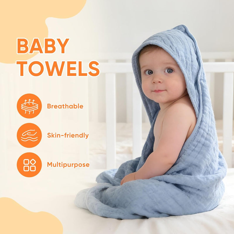 MIGIOL Muslin Baby Towels 100% Cotton ，Super Soft Muslin Baby Bath Towel - 32 x 32 Inches, Suitable for Newborn and Young Children up to 3 Years Old. (Light Blue & Dark Blue)