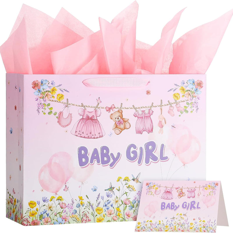 woric 14.5" Baby Gift Bag for Baby Shower Boys Girls Birthday Party | Include Tissue Paper and Greeting Cards, Ribbon Handles, Cute Animals Design, for Baby Shower and Birthday Gifts