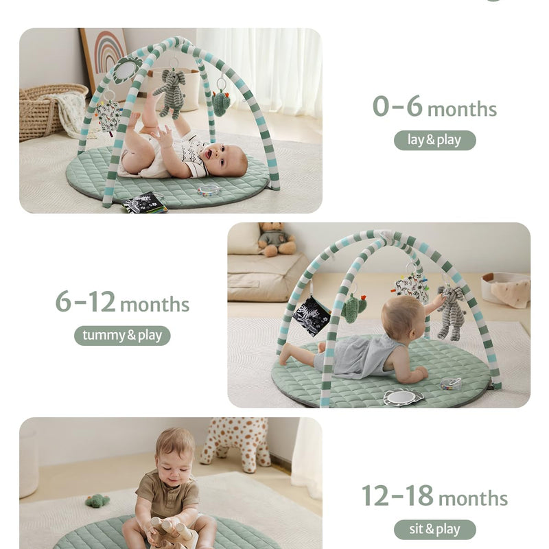 Blissful Diary Sage Green Baby Play Gym Mat with 6 Detachable Toys for Sensory & Motor Skill Development
