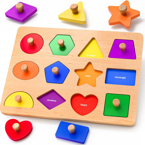 Montessori wooden shape peg puzzles for toddlers 1-3 years old, shape sorter & color match baby puzzles