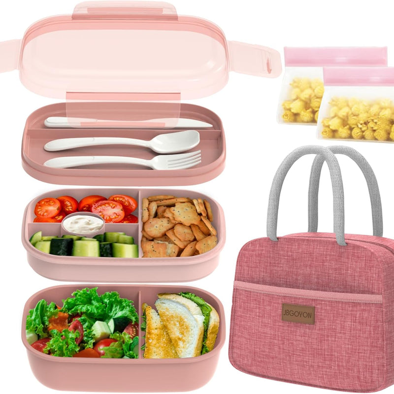 JBGOYON® Bento Lunch Box Set - 3 Stackable Containers for Adults and Kids，lunch box for women- Includes Lunch Bag, Leak-Proof and BPA-Free - Built-in Utensil Set - Dishwasher Safe (Pink)