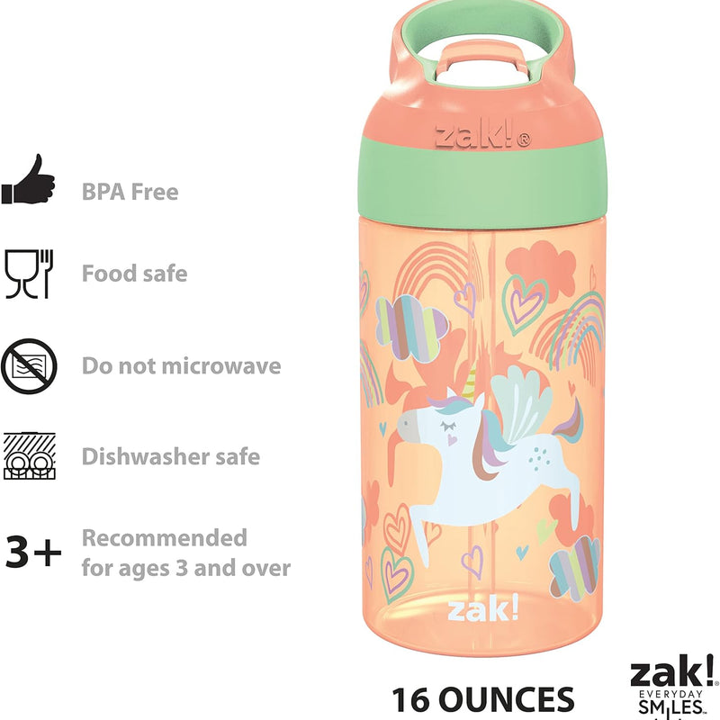 Zak Designs 16oz Riverside Kids Water Bottle with Spout Cover and Built-in Carrying Loop, Made of Durable Plastic, Leak-Proof Water Bottle Design for Travel (Unicorn & Shells, Pack of 2)