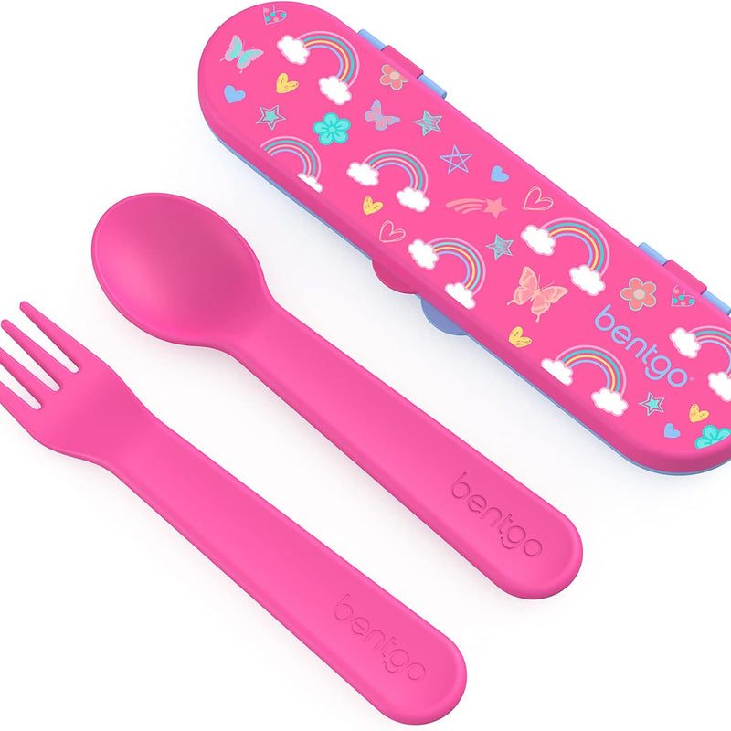 Bentgo® Kids Plastic Utensil Set - Reusable Fork, Spoon & Storage Case, PFAS- & BPA-Free, Easy-Grip Handles, Lightweight, Dishwasher Safe, School Lunch, Travel & On-the-Go (Rainbows and Butterflies)