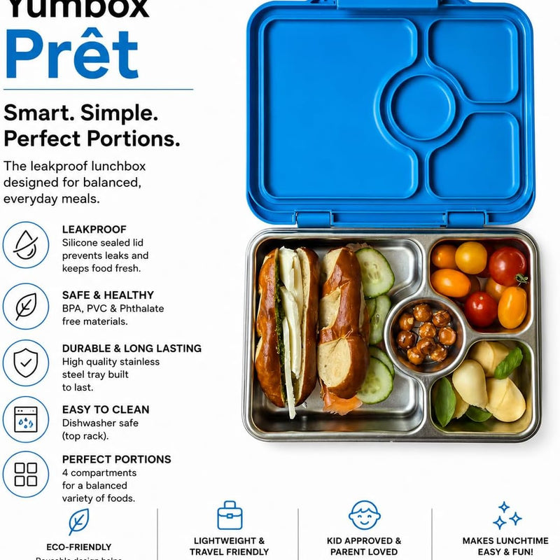 Yumbox Prêt Leakproof Stainless Steel Bento Lunch Box, Normandy Blue | Sandwich-Friendly Layout | Lightweight Design | Fits Most Lunch Bags | Dishwasher Safe (Top Rack)