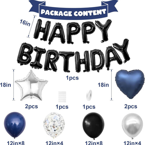 Navy Blue and Black Birthday Decorations for Men,Blue Black White Balloons Happy Birthdays Balloon Banner Silver Confetti Balloons for Men Boy Girls Women Adults Birthday Party Decorations