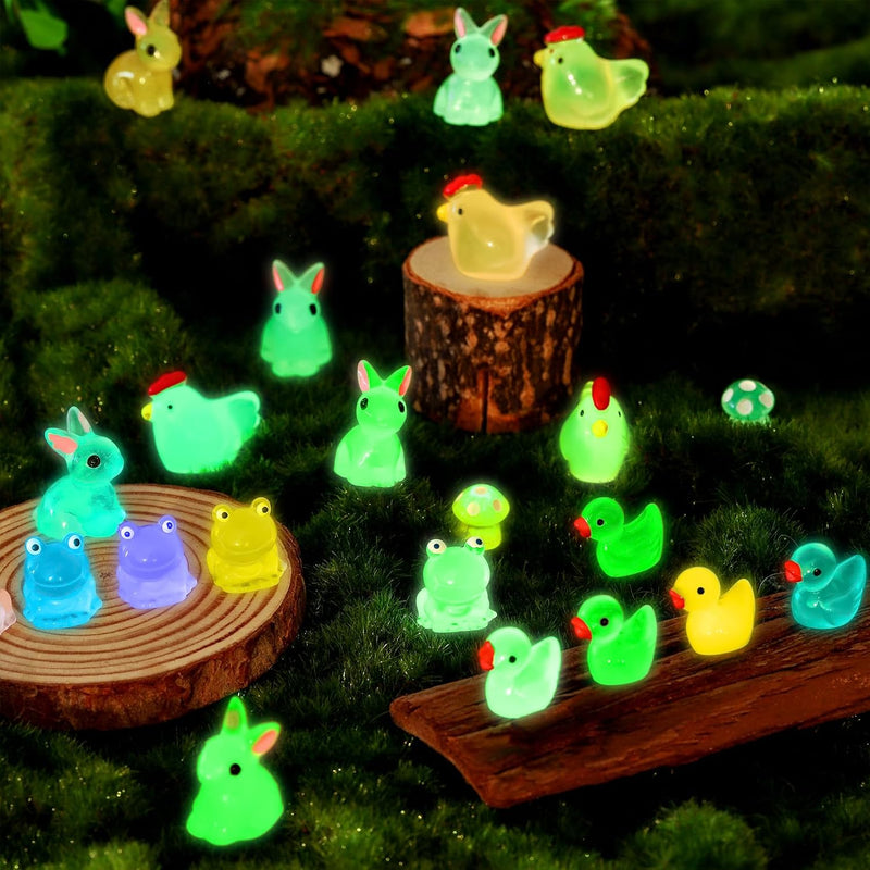 135 PCS Luminous Mini Resin Ducks Tiny Glow in The Dark Duck/ Chickens/ Rabbit/ Frogs /Dolphin /Mushroom/ 6 Combination Sets Resin Miniature Animals for Micro Landscape Dollhouse Garden Decoration