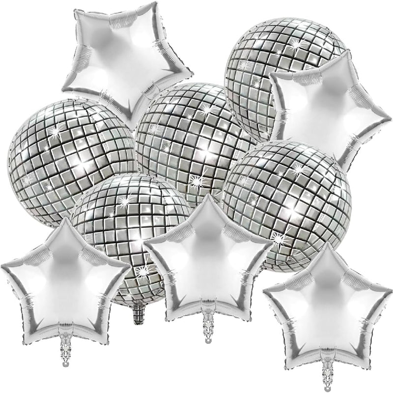 Silver Disco Balloons 10PC Set 10in & 18in Round Balloons 70s 80s Theme Party Decorations