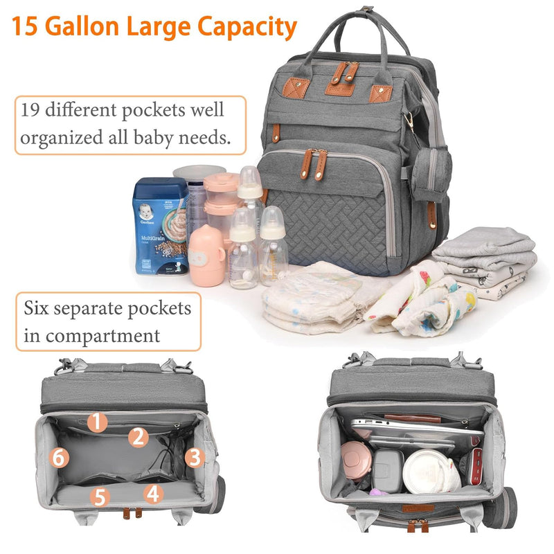 Baby Diaper Bag with Changing Station, Waterproof Diaper Bag Backpack for Moms Dads with USB Charging Port, Baby Shower Gifts, Baby essentials,Grey