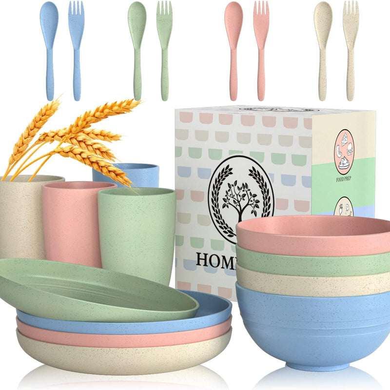 Wheat Straw Dinnerware Sets 20 PCS Cups and Plates Sets for Kitchen Microwave and Dishwasher Safe Plate Set Unbreakable Camping Dish Set Kids Plates and Bowls Sets for Picnic, RV (Multilight)