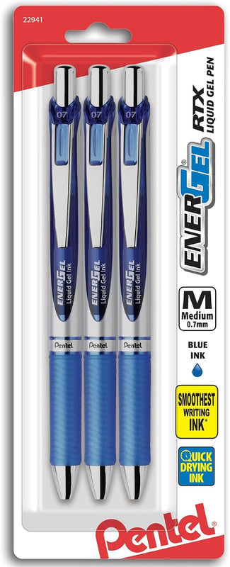 Pentel EnerGel Deluxe RTX Gel Ink Pens, 0.7 Millimeter Metal Tip, Blue Ink, 3-Pack (BL77BP3C)