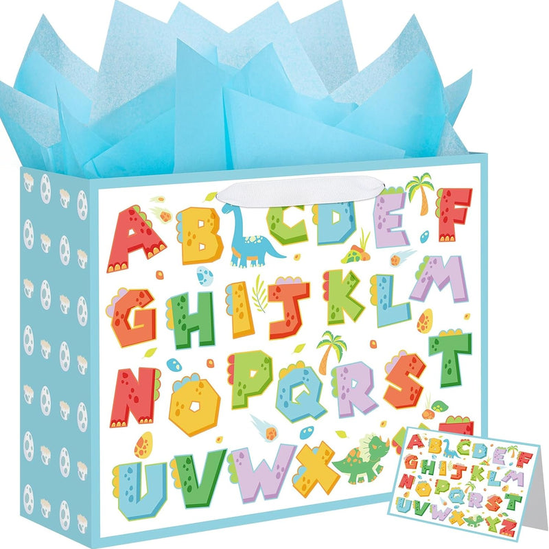 woric 14.5" Baby Gift Bag for Baby Shower Boys Girls Birthday Party | Include Tissue Paper and Greeting Cards, Ribbon Handles, Cute Animals Design, for Baby Shower and Birthday Gifts