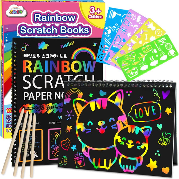 ZMLM 2-Pack Rainbow Scratch Notebook Art-Crafts Gift for Kids 3-12 Years Old