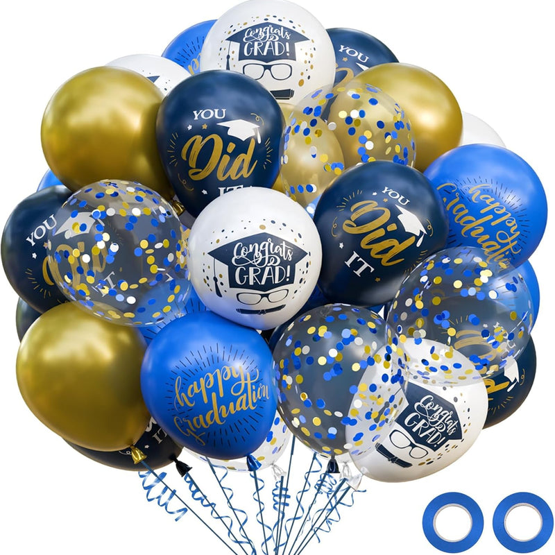 75-pack Black Gold Graduation Party Decorations Balloons with Ribbons for College or High School Party Supplies