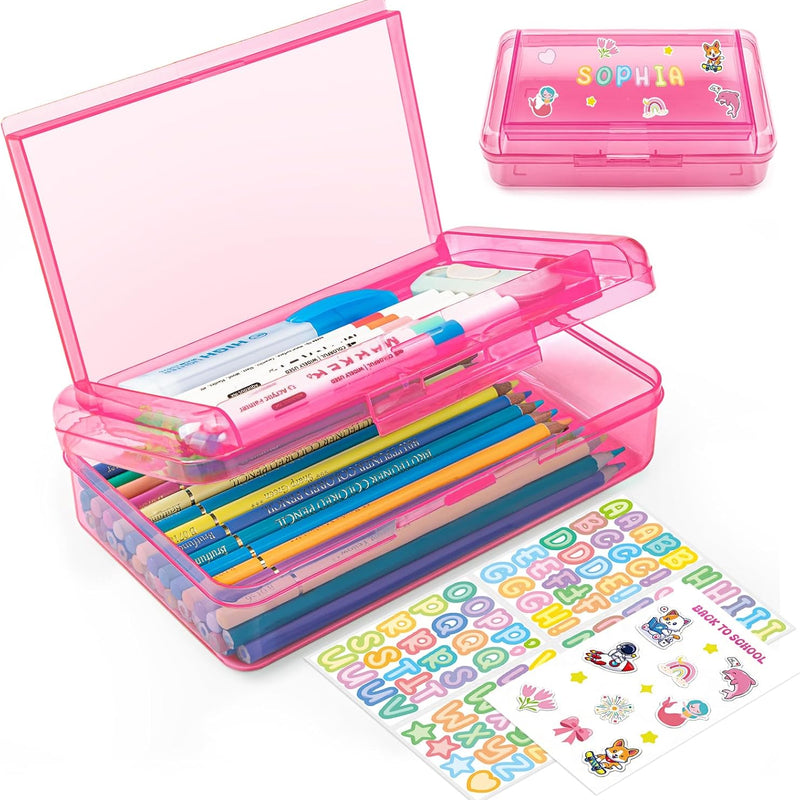Double Layer Clear Hard Pencil Cases,Plastic Personalized Pencil Box with Snap-Tight Lid for Pen, Pencils, School Office Supplies Marker Crayon Organizer Storage Box,Standard Size (Pink)