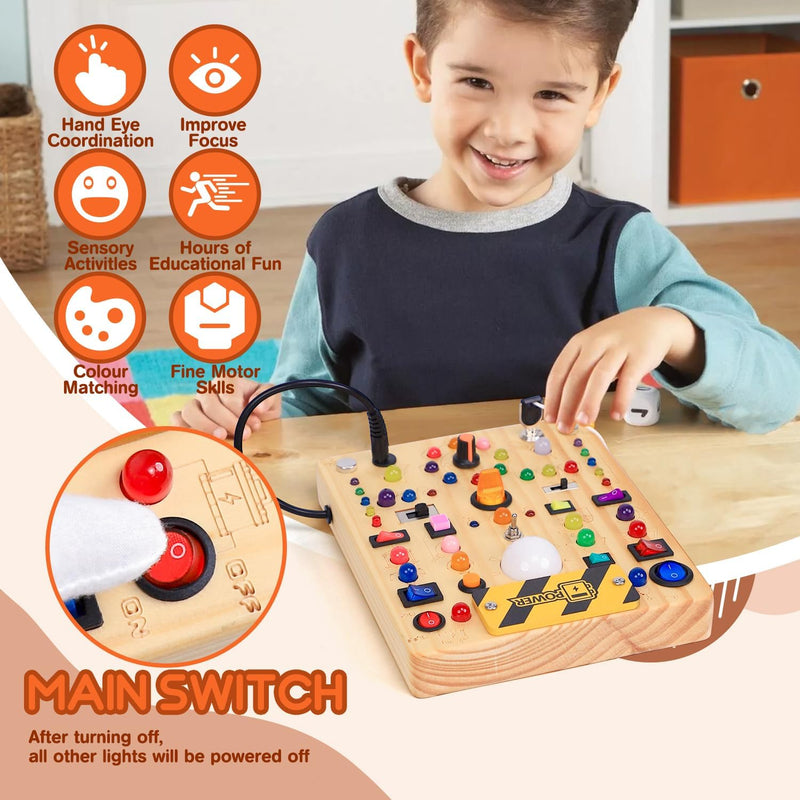 busy board with 19 led light switches for 1-3 year olds, montessori toy for toddlers with 40 led lights and 26 alphabet letters