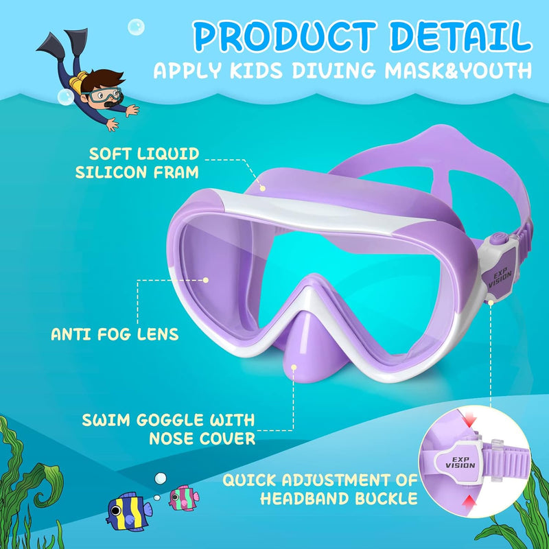 Kids Swim Mask 180° Snorkel Diving Mask, Anti-Fog Child Swim Goggles with Nose Cover No-Leak Swimming Goggles Anti-Shattered Lens for Youth 4-15
