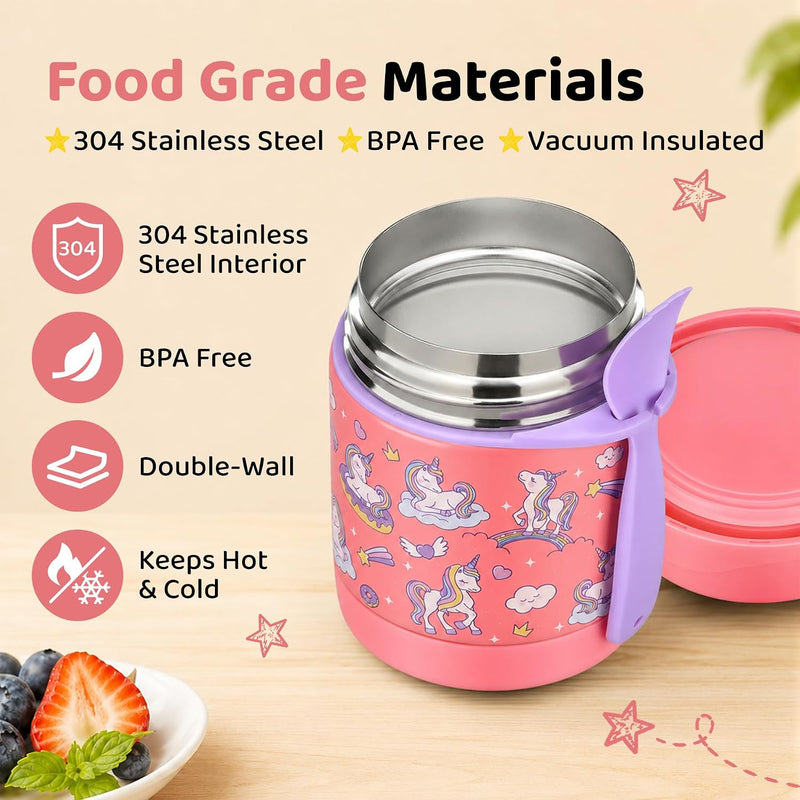 10oz Soup Thermo for Hot Food Kids Insulated Food Jar,Thermo Hot Food Lunch Container, Width Mouth Stainless Steel Lunch Box for Kids with Spoon (Pink-Cute Horse)