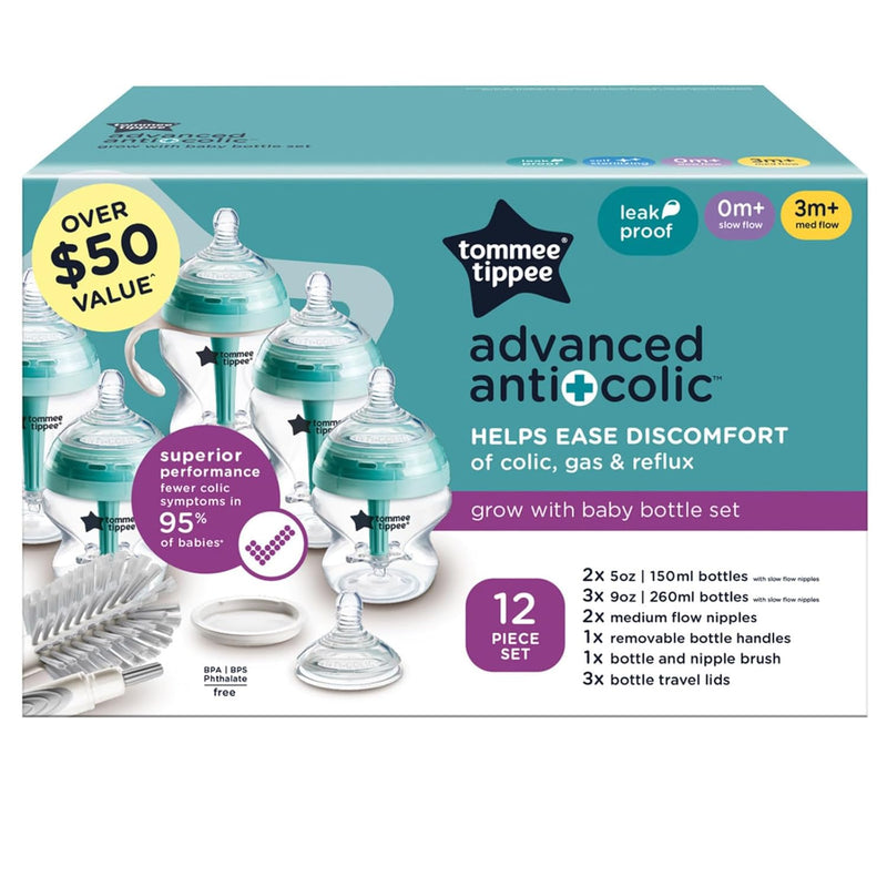 Tommee Tippee Advanced Anti-Colic Baby Bottle Set, Newborn 0m+ | 12 Pieces, 5oz & 9oz BPA Free Bottles, Slow & Medium Flow Breast-Like Nipples, Bottle Handles, Cleaning Brush