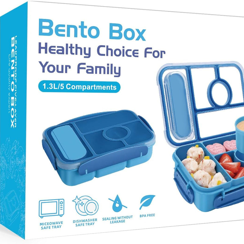 Amathley Bento Box Adult Lunch Box Kids,Lunch Containers for Adults/Kids/Toddler,5 Compartments Bento Lunch Box with Sauce Vontainers,Microwave & Dishwasher & Freezer Safe,BPA-Free (Blue)