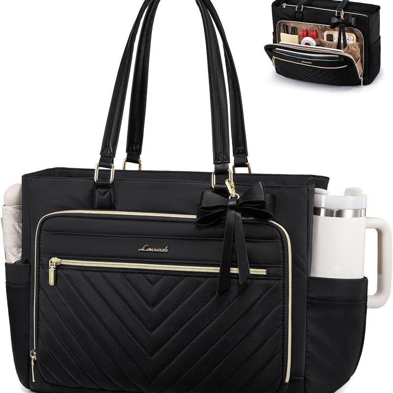 LOVEVOOK Teacher Tote Bag for Women, Work Laptop Bag Gift with Large Cup Holder, Quilted Nurse Bag Diaper Tote with Multi-Pockets, Large Computer Handbag Purse for Bussiness Travel, Office, College