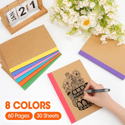 32 Pack Composition Notebooks Bulk, A5 Kraft Cover Lined Journaling Notebooks, 8.3”x 5.5” Travel Notebook for School Office Students Artists, 8 Colors 60 Pages