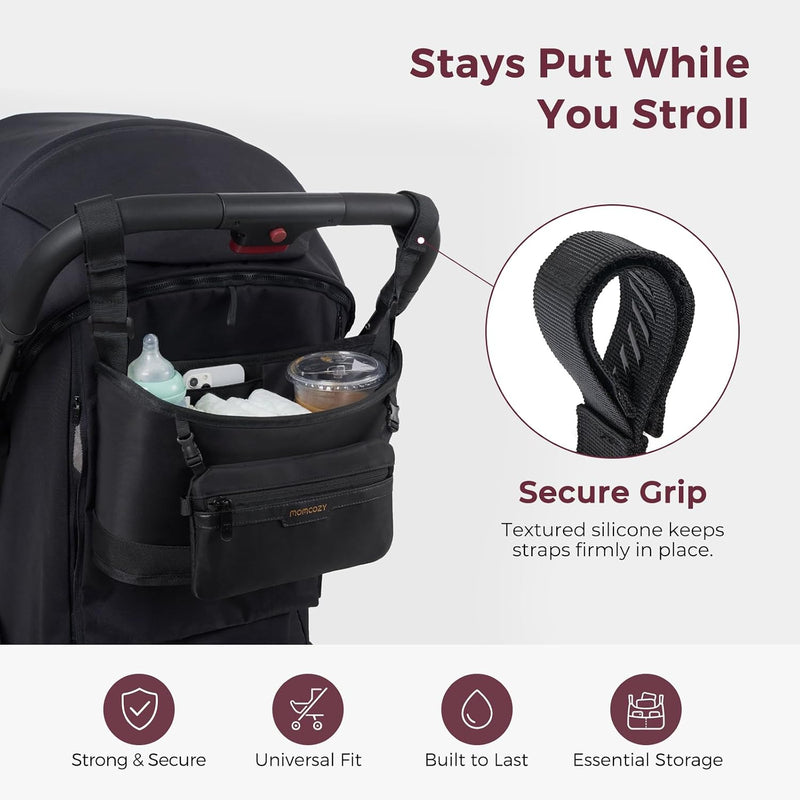 Momcozy Slim Stroller Organizer with 2 Insulated Cup Holders | Non-Slip Silicone Straps with Detachable Mini Pouch, Dense-Weave Parent Console, Fits UPPAbaby, Doona, Graco and More