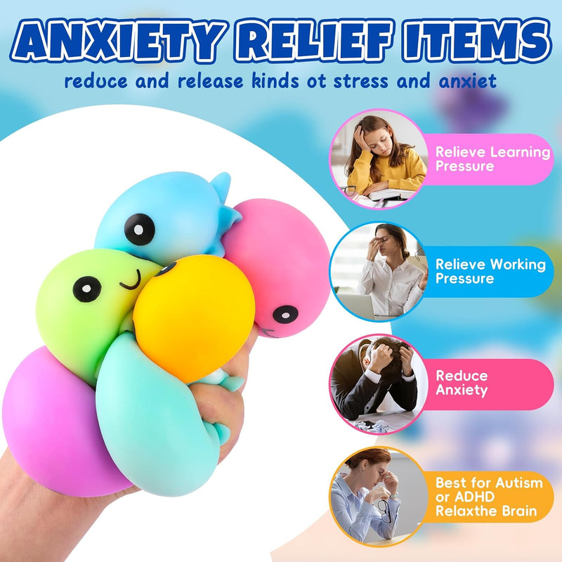 12 Pack Stress Balls for Adults, Cute Octopus Fun Squish Ball, Fidget Toys Bulk Squishy Squeeze Ball Set and Birthday Party Favors Toys for Kids