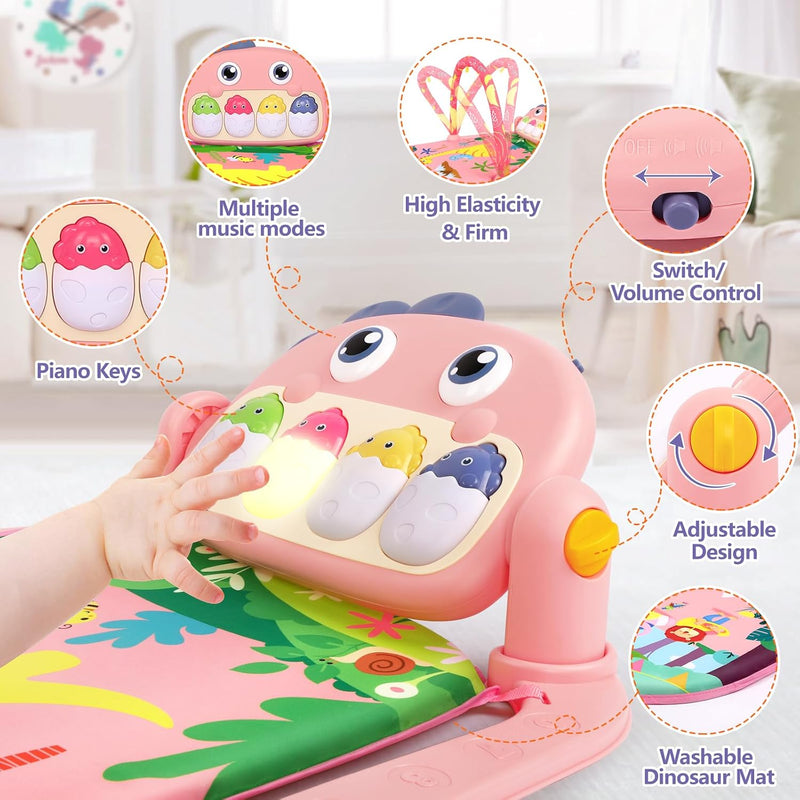 UMIKU Baby Play Mat Tummy Time Mat Gym Girl Activity Center, Pink Dinosaur | Play Mat For Babies Gifts Girl 0-6 6-12 Month, Music & Light Piano Play Gym Newborn Infant Gift, Baby Girl Newborn Essentials