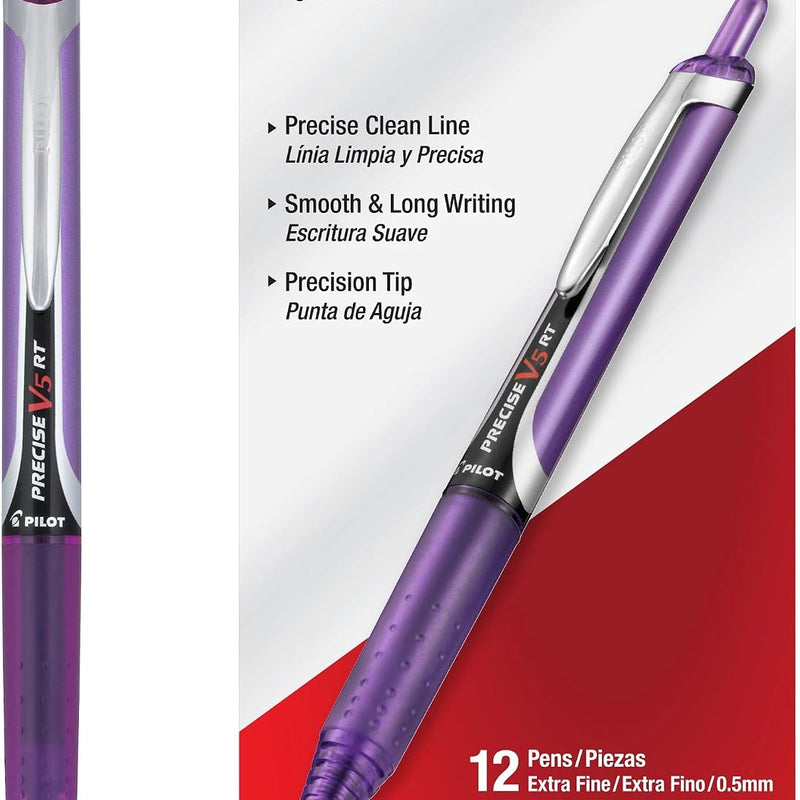 Pilot Precise V5 RT Refillable & Retractable Rollerball Pens, Extra Fine Point Pens 0.5 mm, Black, Pack of 12 - Ideal for School, Journaling & Office Writing