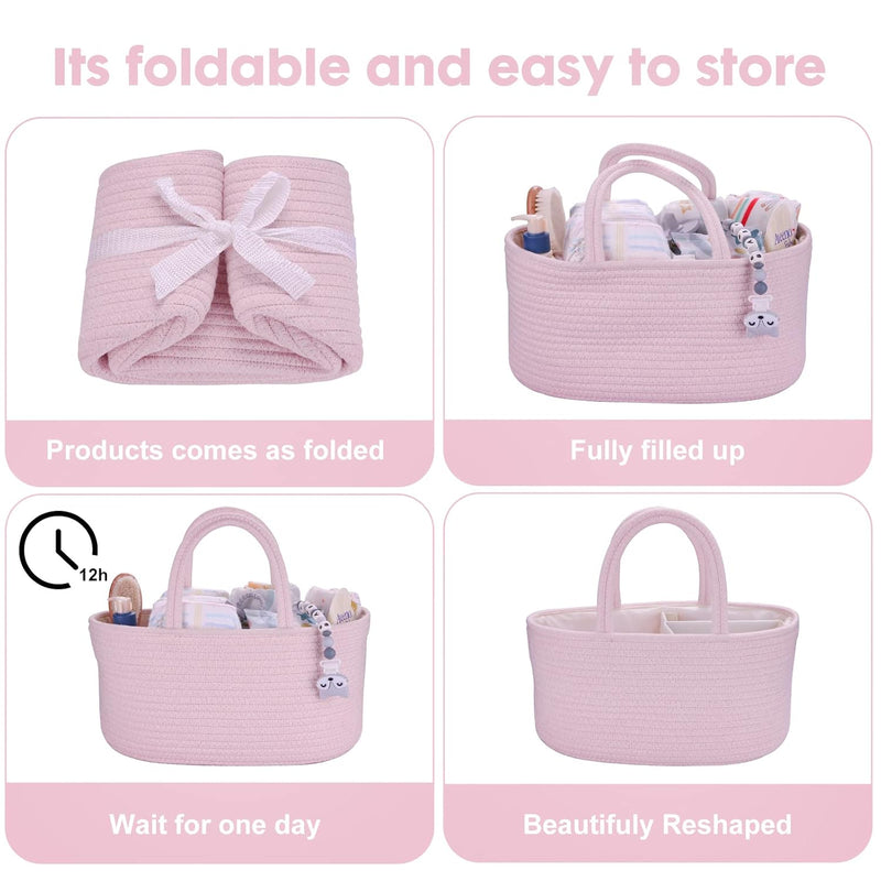 XUANGUO Pink Cotton Rope Baby Diaper Caddy Organizer Basket for Girls | Nursery Storage Bin, Portable Baby Tote Bag for Changing Table or Car, Baby Shower Gifts Bag, Newborn Essentials, Registry