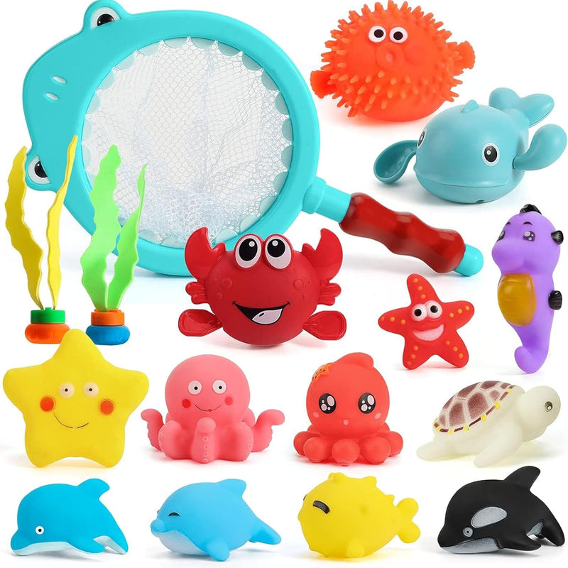 SHINDEL 16 PCS Baby Bath Toys, Ocean Animal Theme | Floating Pool Toys, Water Play Backyard Pool, Gifts for Kids Toddler Boys Girls, Montessori Sensory Bin Fillers