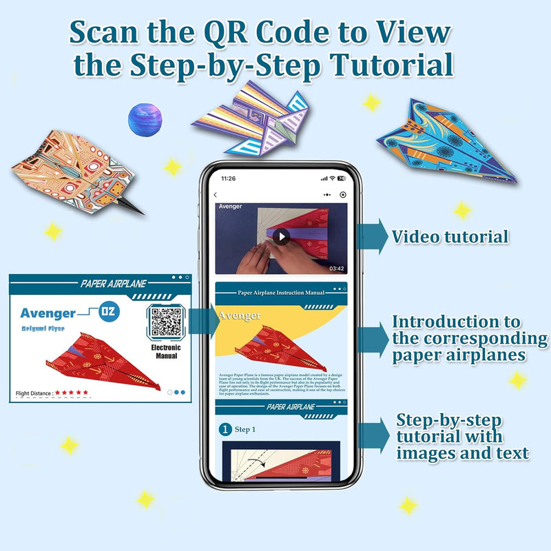 16-Design Paper Airplane Kit with FSC Certified Paper, Digital Manual, Perfect for Kids Ages 6-12.