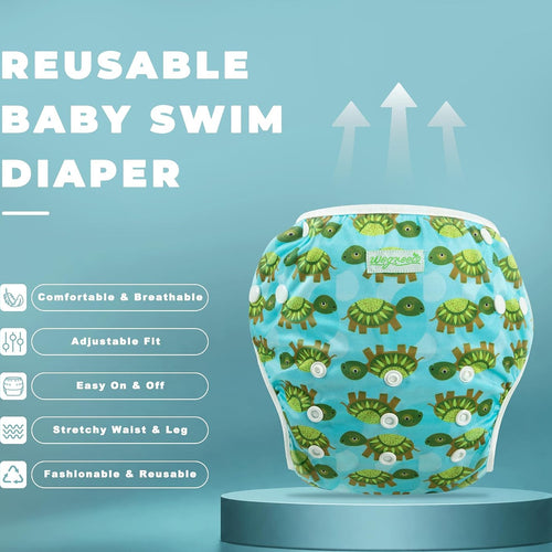 wegreeco Reusable Swim Diapers,Baby & Toddler Snap One Size Adjustable Reusable Baby Swim Diaper (Diving, Ocean, Turtle, Large, 3 Pack)