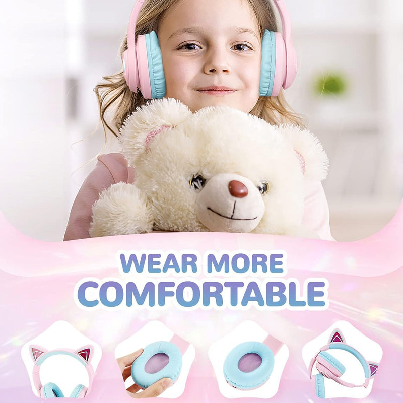 iClever Cat Ear Kids Bluetooth Headphones: Safe Volume, 50-Hour Playtime, LED Lights