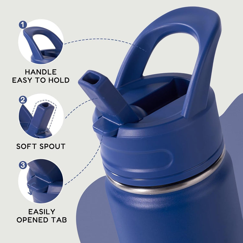 Fijinhom 12oz Kids Water Bottle for School, Toddler Water Bottles with Straws, Insulated Water Bottles for Boys&Girls, Stainless Steel Vacuum Insulated Bottle for Kids, Leak-Proof, BPA-Free, Blue