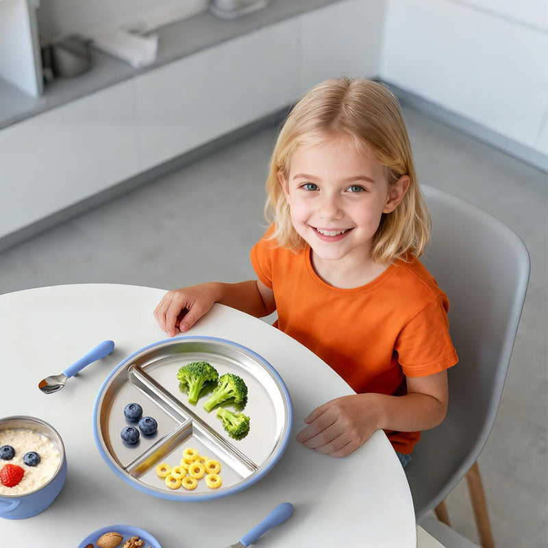 Bakpoco Stainless Steel Toddler Plate with Suction, 9” Divided Plates with Removable Silicone Sleeves for Kids, Non Toxic & BPA Free | Non Slip | Unbreakable Baby Snack Dishes Set of 2, Blue & Gray