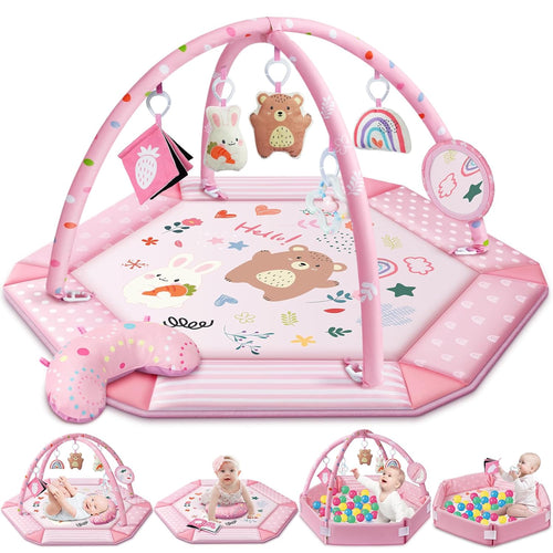 8-in-1 Baby Gym Play Mat with 6 Toys for Visual, Hearing, Sensory, Motor Development