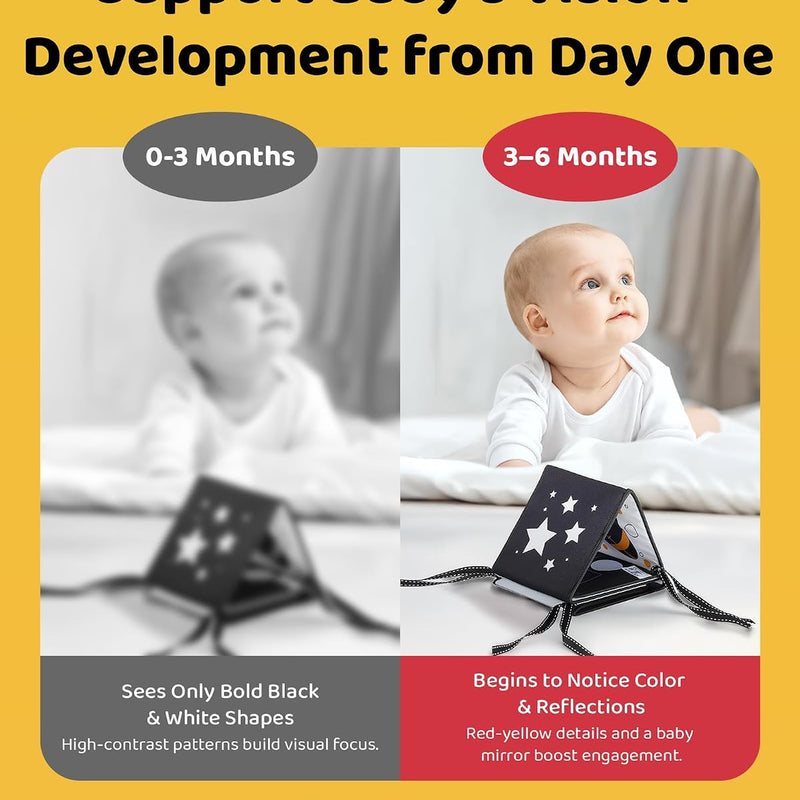 High Contrast Baby Book, Black and White, Tummy Time Mirror Toy | Newborn visual stimulation 0-6 months, Montessori sensory play, soft crinkle pages, folds flat, ties to crib and stroller