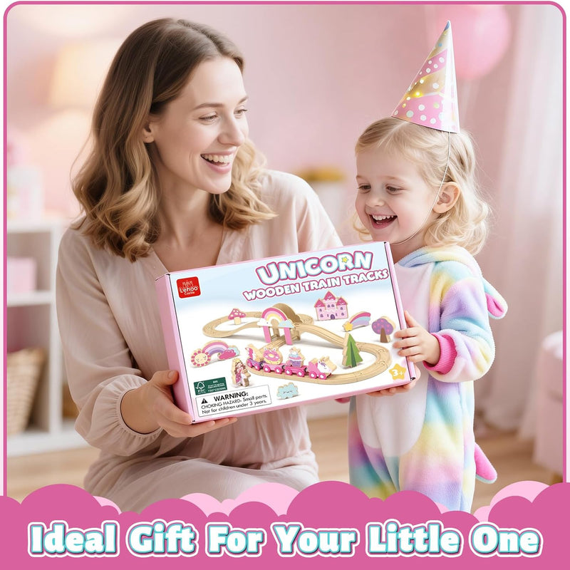 Lehoo Castle Unicorn Train Set for Toddlers 2-4, Wooden Train Track Toy for Girls